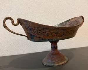 Antique Copper Pedestal Footed Bowl with Hand Engraved Floral Design