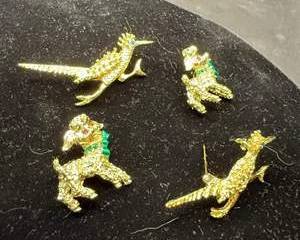 Silver Toned Dog and Roadrunner Rhinestone Brooch Pins with Green Red Blue Accents