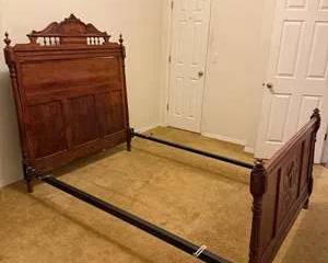 Antique Wooden Bed Frame with Carved Floral Design