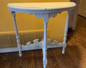 Antique White Wooden Demilune Side Table with Ornate Carved Details and Turned Legs