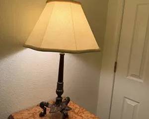 Vintage Table Lamp with Ornate Metal Base and Beige Fabric Shade and Sharp Finial