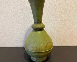 Handcrafted Metal Vase, Vintage Green with Tall Flared Neck Rustic Patina Accent