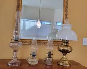 Antique Glass & Brass Oil Lamps & White Milk Glass Chimney Kerosene Lamp