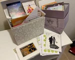 Assorted Greeting Cards Collection in Decorative Floral Storage Boxes Mixed Occasion