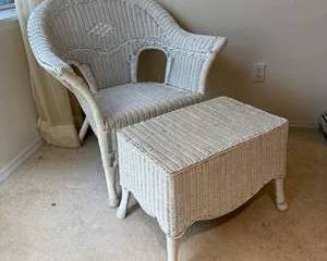 White Wicker Chair with Matching Wicker Ottoman