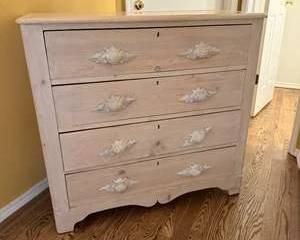 Vintage Light Whitewashed Wood 4 Drawer Chest Dresser with Floral Carved Handles