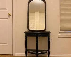 Vintage Black Wood Console Table with Floral Painted Details and Ornate Gold Trim Mirror