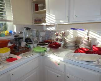 Kitchen, scales, Pyrex, blenders,everyday dishes, Fiesta ware,