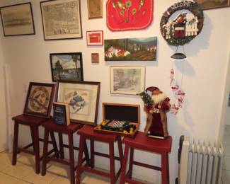 saddle stools, art, chess sets, heater.