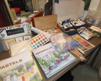 Art supplies, oils, acrylics, canvas, watercolors.