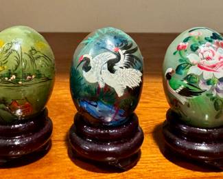 Painted Jade Eggs on Rosewood Stands