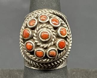 Sterling w/ Coral Ring, Size 5.5, TW 12.45g