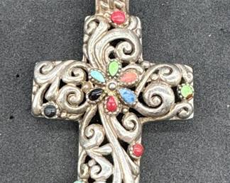 Sterling Silver w/ Multi Gem Stone Cross Pendant
