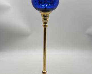 Tall Blue Glass & Gilt Brass Votive Candle Holder