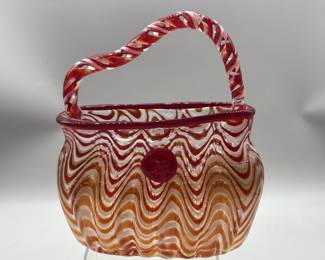 Red & White Swirl Art Glass Purse Figurine