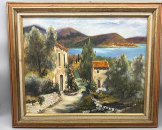 Mediterranean Village on Canvas in Frame
