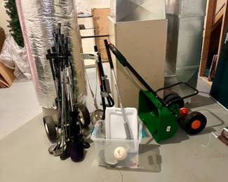 Golf clubs, lawn seed spreader 