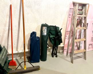 Brooms, folding chairs, 