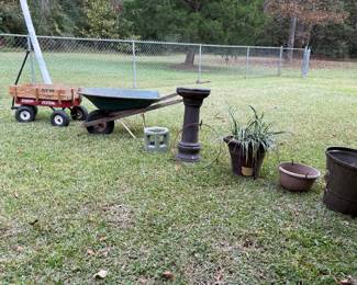 Wagon, wheelbarrow, garden items