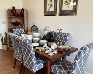 Dining table, 6 slip covered chairs