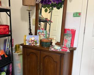 Vintage accent cabinet and mirror, holiday items