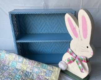Wooden Easter bunny, baby quilt, blue shelf