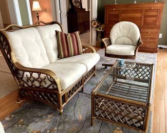 Rattan Love Seat, Swivel Chair and Coffee Table 
