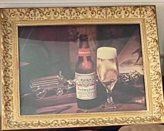 vintage 1970s printed advertisement for Budweiser in plastic gold scroll frame