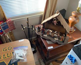 Fireplace poker set, tables, nativity