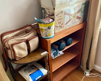 Like new ceiling fan, never completely unpackaged. Vintage camera and bag, shelves