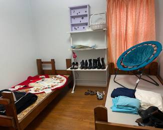Twin sized beds, shelves, footwear, misc.