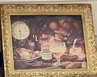 70s era Budweiser printed advertisement in plastic gold scroll frame