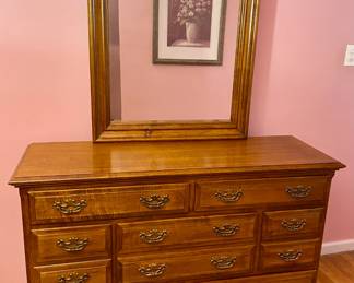 Maple Wood Triple Dresser with Mirror - 7 drawers