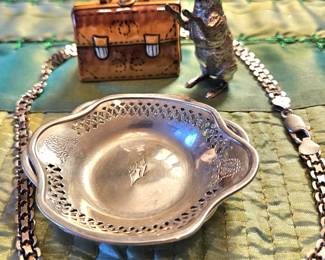 Limoges, English rabbit, Sterling necklace from Italy, butter pats 19th c