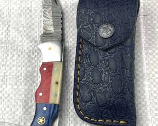 Damascus Steel TX Folding Blade Knife w/ Sheath