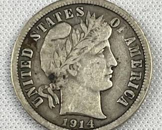 1914 Barber Silver Dime, Quality Coin, 90%