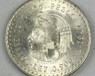 1947 Silver Mexico 5 Pesos Coin, Large, Unc.