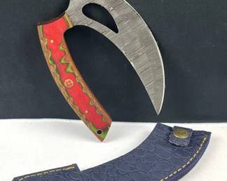 Damascus Steel Unique Sickle Knife w/ Sheath