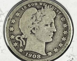 1908 Barber Silver Quarter, US 25c Coin, 90%