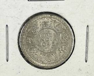 1945 Silver India 1/4 Rupee Coin