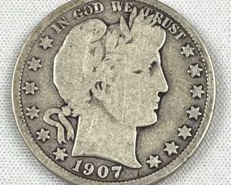 1907-D Barber Silver Half Dollar, US 50c, 90%