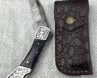 Damascus Steel Folding Blade Knife w/ Sheath