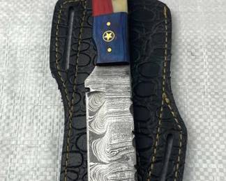 Damascus Steel TX Cowboy Bull Cutter Knife/Sheath