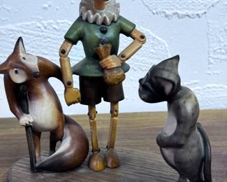 LEI wooden carved Pinocchio and Friends, tip of poor Pinocchio is broken (but we think he is happier for it!)