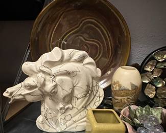 Horse Pottery, green floral frog vase