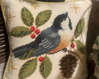 Chickadee needlepoint pillow