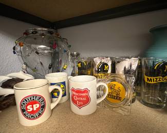 Railroad mugs, Mizzou Tigers ashtray, John Perry Dolphins