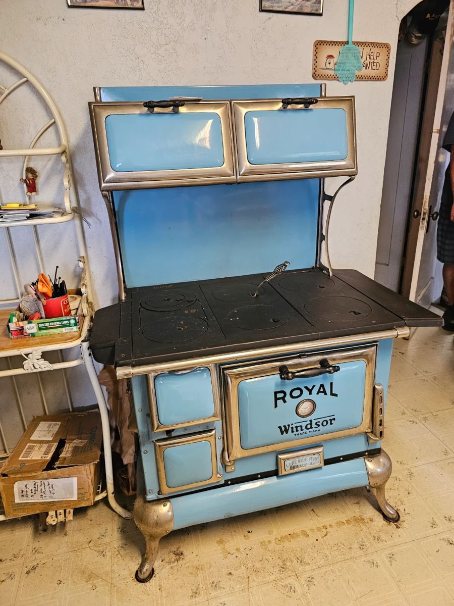 Beautiful wood cook stove with blue enamel finish in stunning condition.