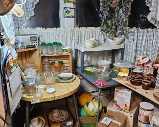 Kitchen ware, Pyrex, punch bowls, Tupperware from the 1970s and early 1980s, 3 complete dining sets - 2 stoneware and one blue octagon china set.