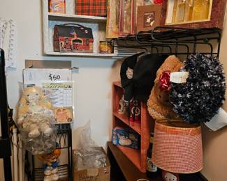 Hats, antique dolls and Badge a Minit supplies, Raggedy Ann items